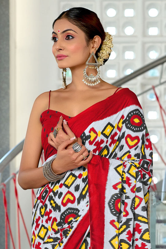 Red Pure Mulmul Cotton Ikkat Hand Block Print Saree With Blouse Piece