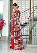 Red Pure Mulmul Cotton Ikkat Hand Block Print Saree With Blouse Piece