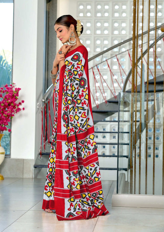 Red Pure Mulmul Cotton Ikkat Hand Block Print Saree With Blouse Piece