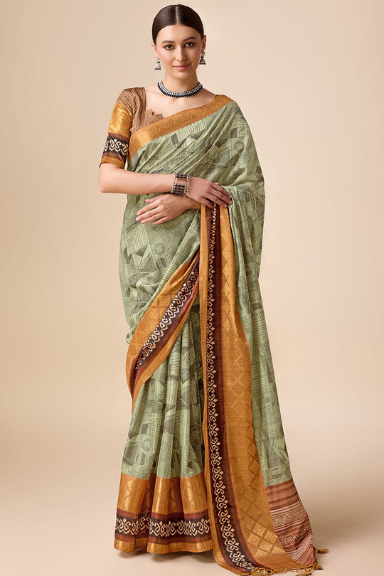 Green Tussar Silk Saree With Blouse Piece