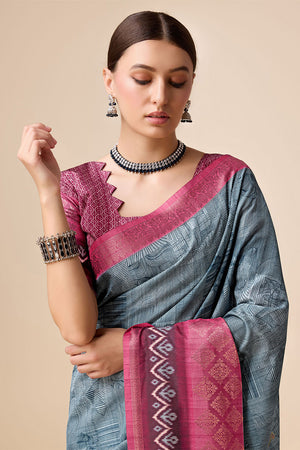 Grey Tussar Silk Saree With Blouse Piece