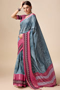 Grey Tussar Silk Saree With Blouse Piece