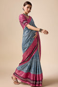 Grey Tussar Silk Saree With Blouse Piece