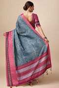 Grey Tussar Silk Saree With Blouse Piece