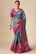 Grey Tussar Silk Saree With Blouse Piece