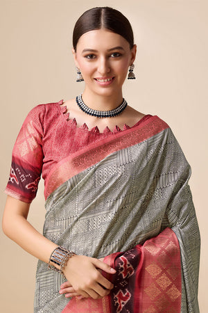 Grey Tussar Silk Saree With Blouse Piece