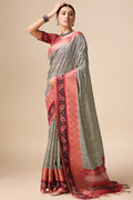 Grey Tussar Silk Saree With Blouse Piece