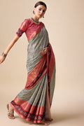 Grey Tussar Silk Saree With Blouse Piece