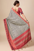 Grey Tussar Silk Saree With Blouse Piece