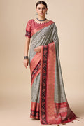 Grey Tussar Silk Saree With Blouse Piece