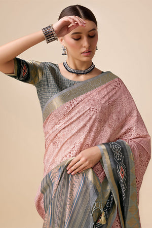 Peach Tussar Silk Saree With Blouse Piece