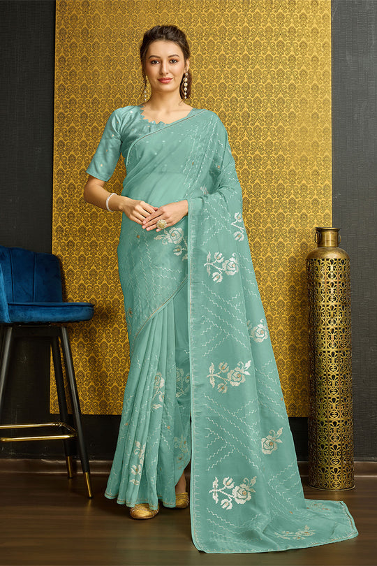 Teal Silk  Ethnic Motifs Saree