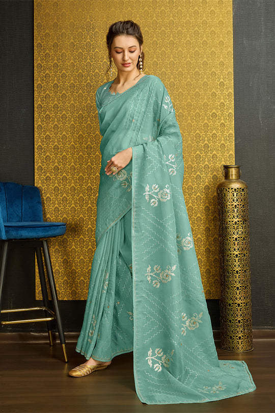 Teal Silk  Ethnic Motifs Saree