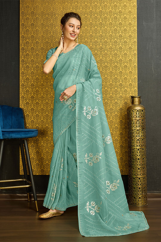Teal Silk  Ethnic Motifs Saree