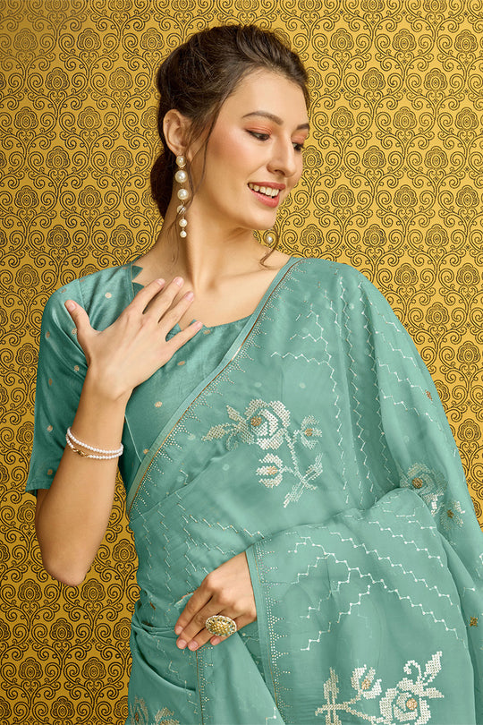 Teal Silk  Ethnic Motifs Saree