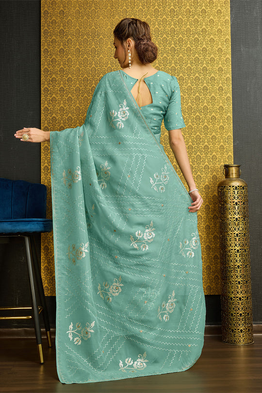 Teal Silk  Ethnic Motifs Saree