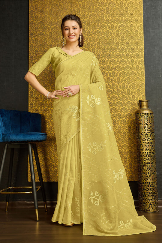 Yellow Silk  Floral Embroidered Saree