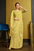 Yellow Silk  Floral Embroidered Saree