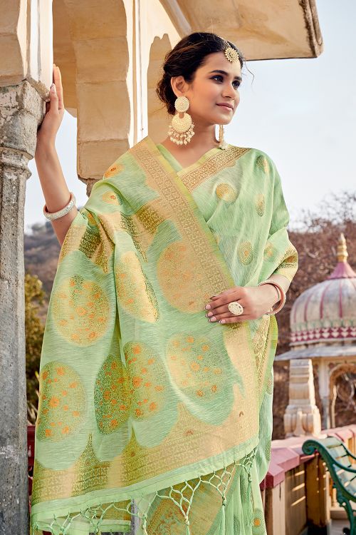Olive Green Linen Blend Saree