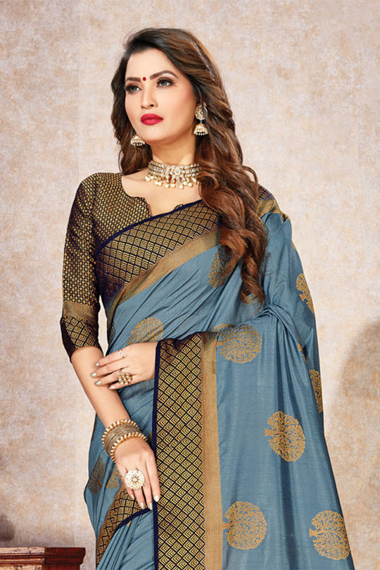 Grey Nylon Silk Saree With Blouse Piece