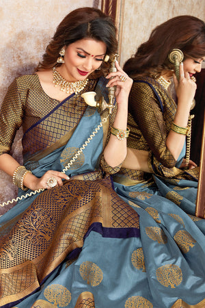 Grey Nylon Silk Saree With Blouse Piece