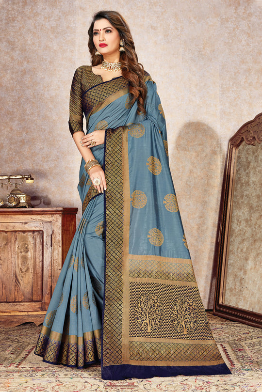 Grey Nylon Silk Saree With Blouse Piece