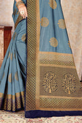 Grey Nylon Silk Saree With Blouse Piece