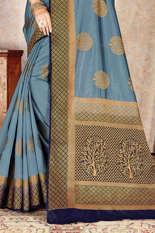 Grey Nylon Silk Saree With Blouse Piece