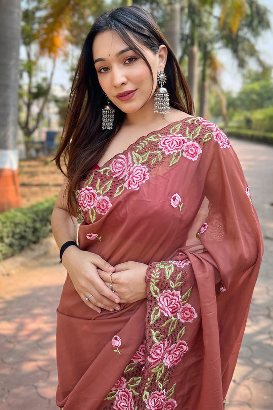 Brown Georgette Saree with Pink Blouse Piece
