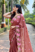 Brown Georgette Saree with Pink Blouse Piece