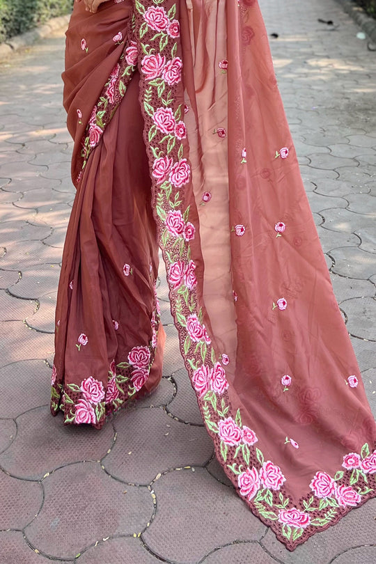 Brown Georgette Saree with Pink Blouse Piece