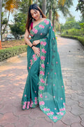 Teal Green Georgette Saree with Pink Blouse Piece