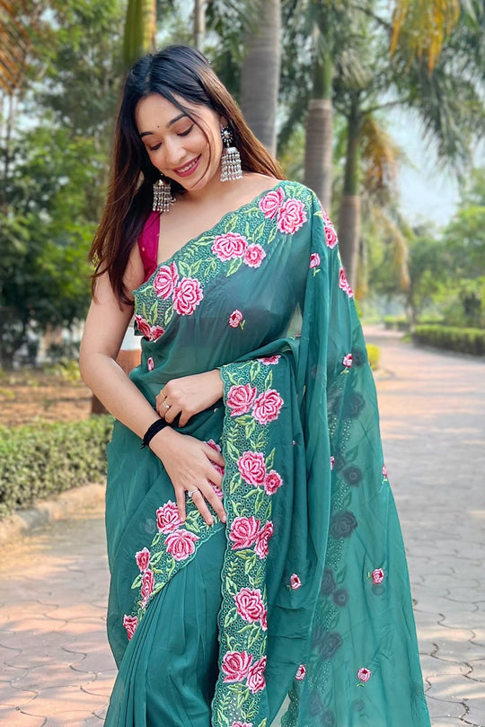Teal Green Georgette Saree with Pink Blouse Piece