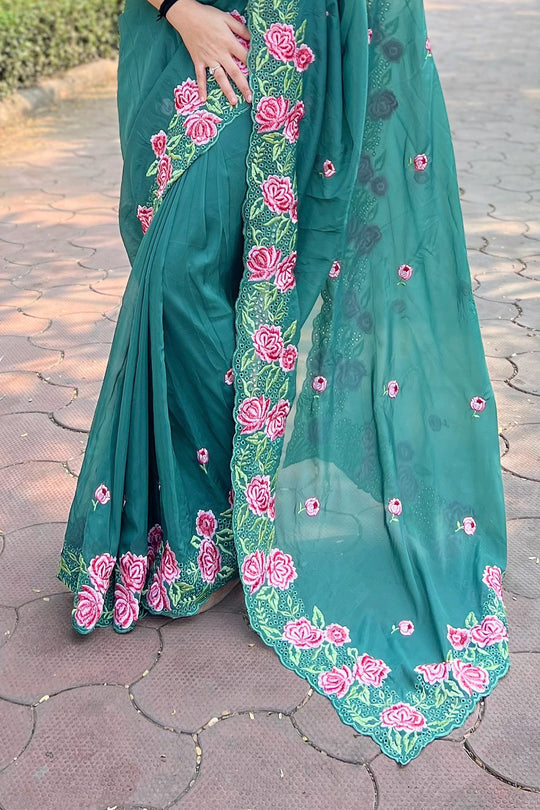 Teal Green Georgette Saree with Pink Blouse Piece