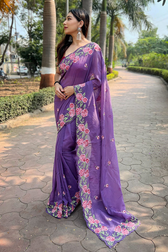 Violet Georgette Saree with Pink Blouse Piece