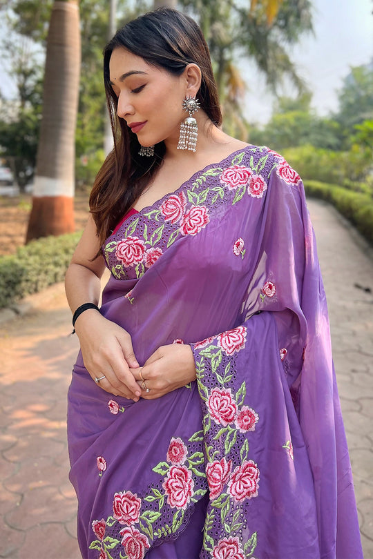 Violet Georgette Saree with Pink Blouse Piece