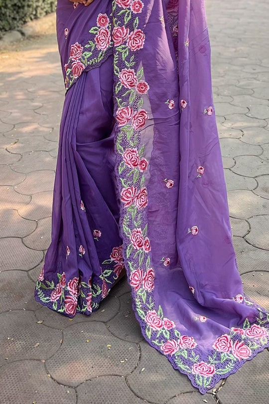 Violet Georgette Saree with Pink Blouse Piece