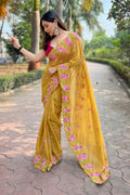 Yellow Georgette Saree with Pink Blouse Piece