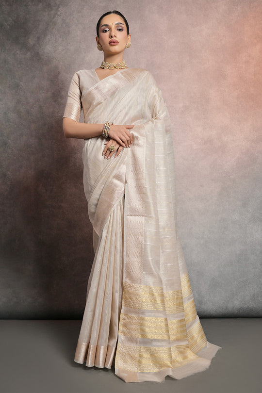 Cream Tissue Saree With Blouse Piece