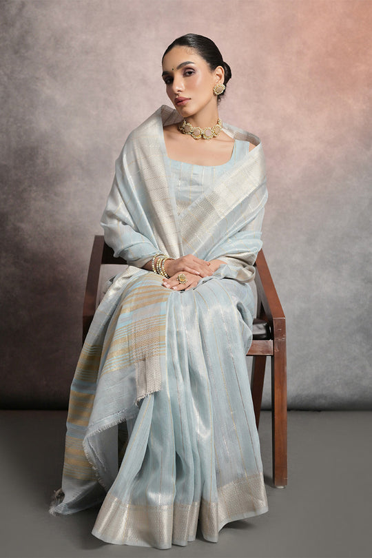 Teal Tissue Saree With Blouse Piece