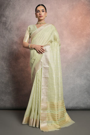 Green Tissue Saree With Blouse Piece