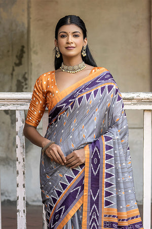 Grey Silk Cotton Saree With Blouse Piece