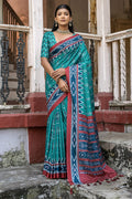 Teal Silk Cotton Saree With Blouse Piece