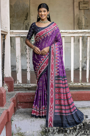 Violet Silk Cotton Saree With Blouse Piece