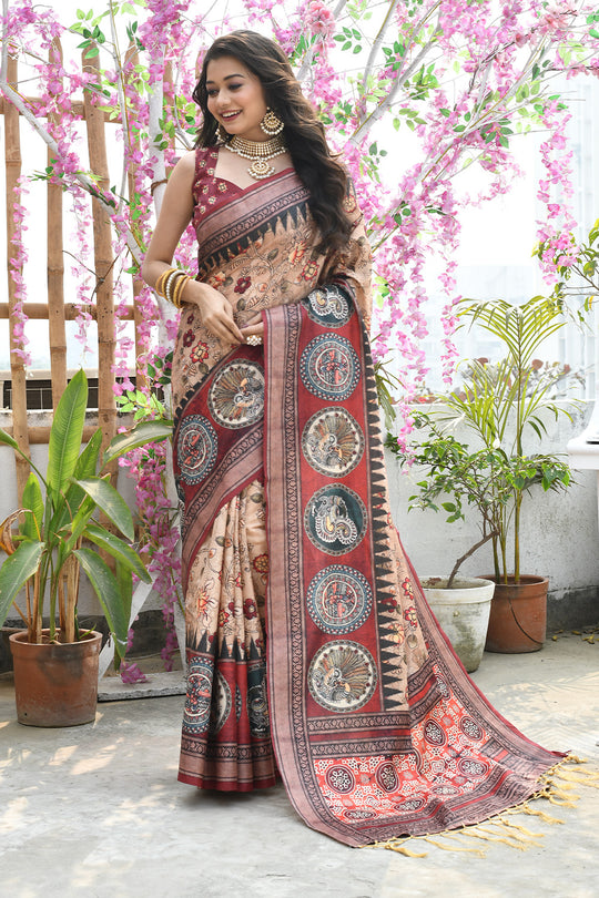 Peach Cotton Silk Saree With Blouse Piece