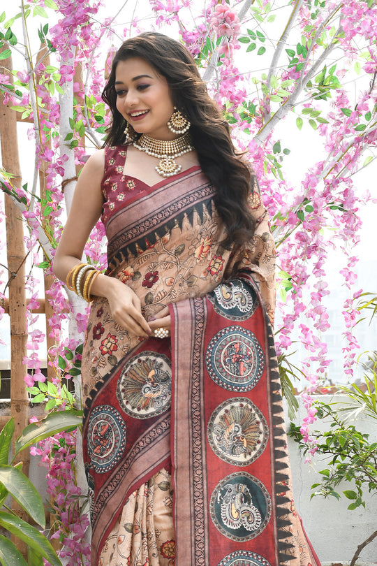 Peach Cotton Silk Saree With Blouse Piece