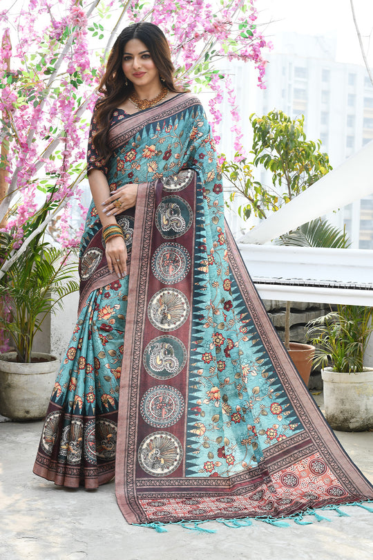 Firozi Blue Cotton Silk Saree With Blouse Piece