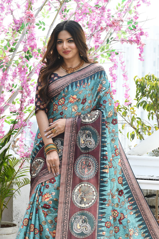 Firozi Blue Cotton Silk Saree With Blouse Piece