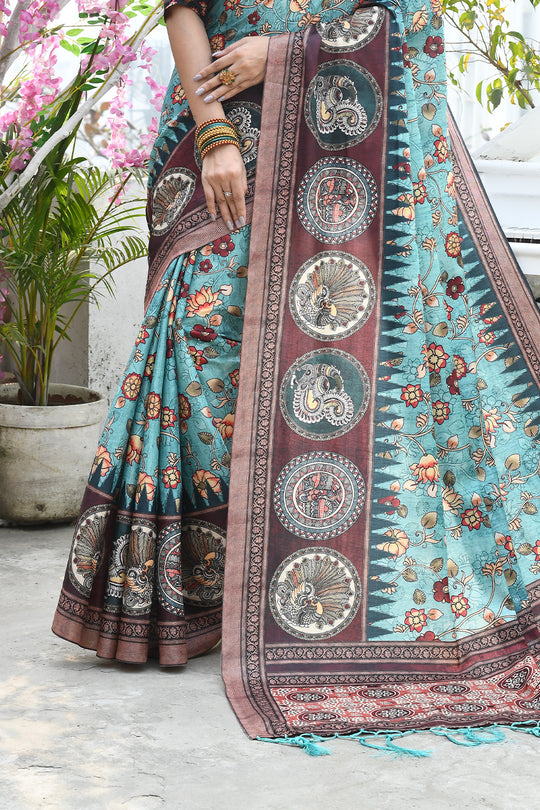 Firozi Blue Cotton Silk Saree With Blouse Piece