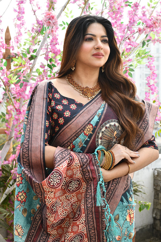 Firozi Blue Cotton Silk Saree With Blouse Piece